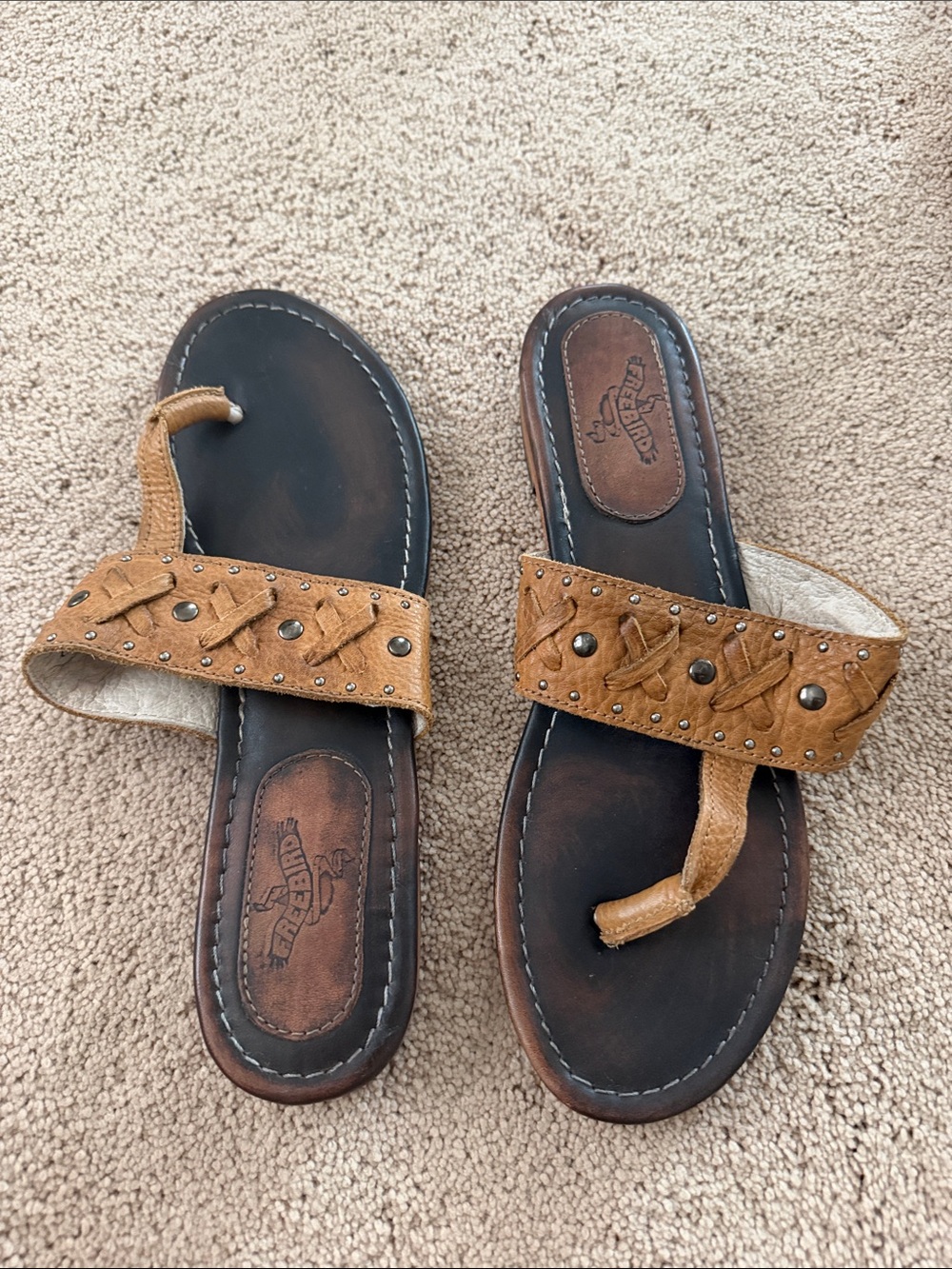 freebird Tan Braided Leather Toe-Loop Sandals with Stud Accents